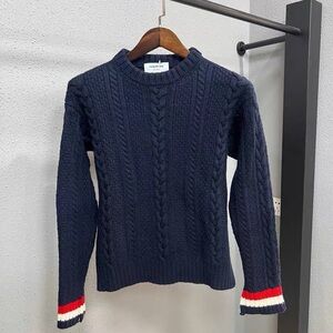 Authentic Thom Browne Navy Cable Knit Sweater with Red and White Accents